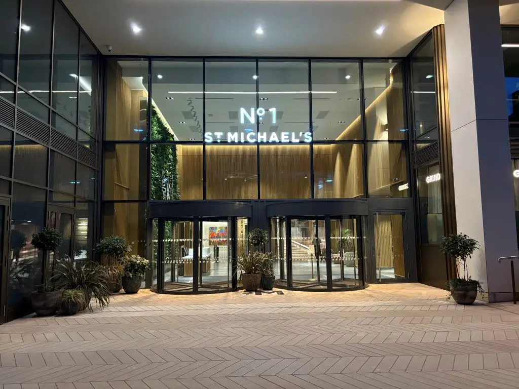 The illuminated entrance to No. 1 St Michael’s in Manchester